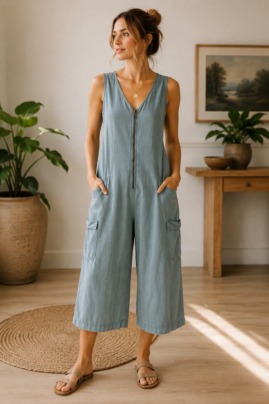 Sleeveless Wide-Leg Zip-Front Jumpsuit
